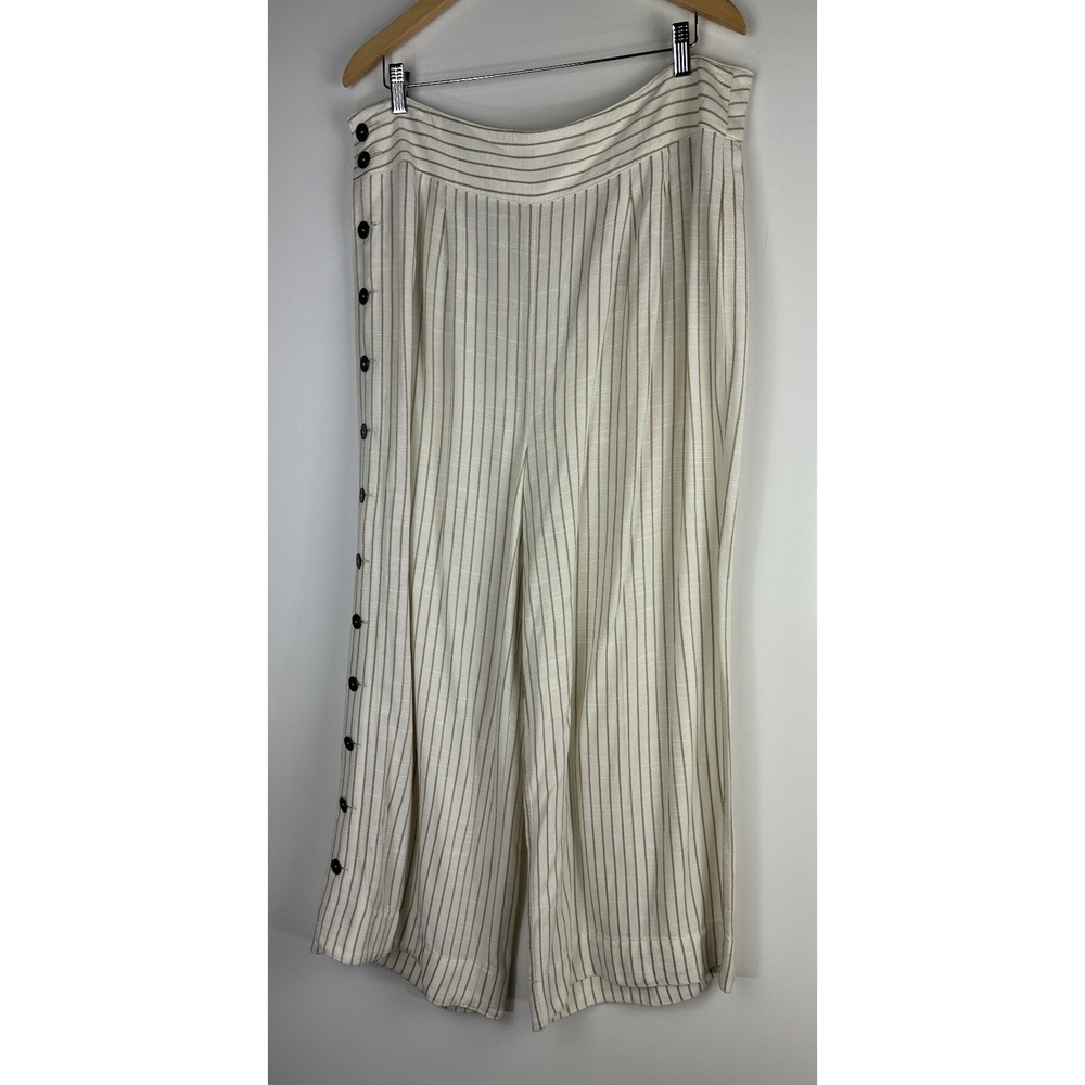 by Anthropologie Buttoned Wide Leg Pants Cream Stripe High Rise Ankle US Size 14 - Picture 2 of 13